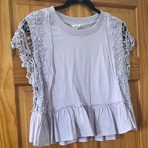 Anthropologie Lavender Lace Trim Boxy Crop Peplum Top - 100% cttn